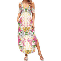 Hawaii Palaka Family Matching Summer Maxi Dress and Hawaiian Shirt Yellow Tribal Pattern With Tropical Flowers LT05 Mom's Dress Yellow - Polynesian Pride