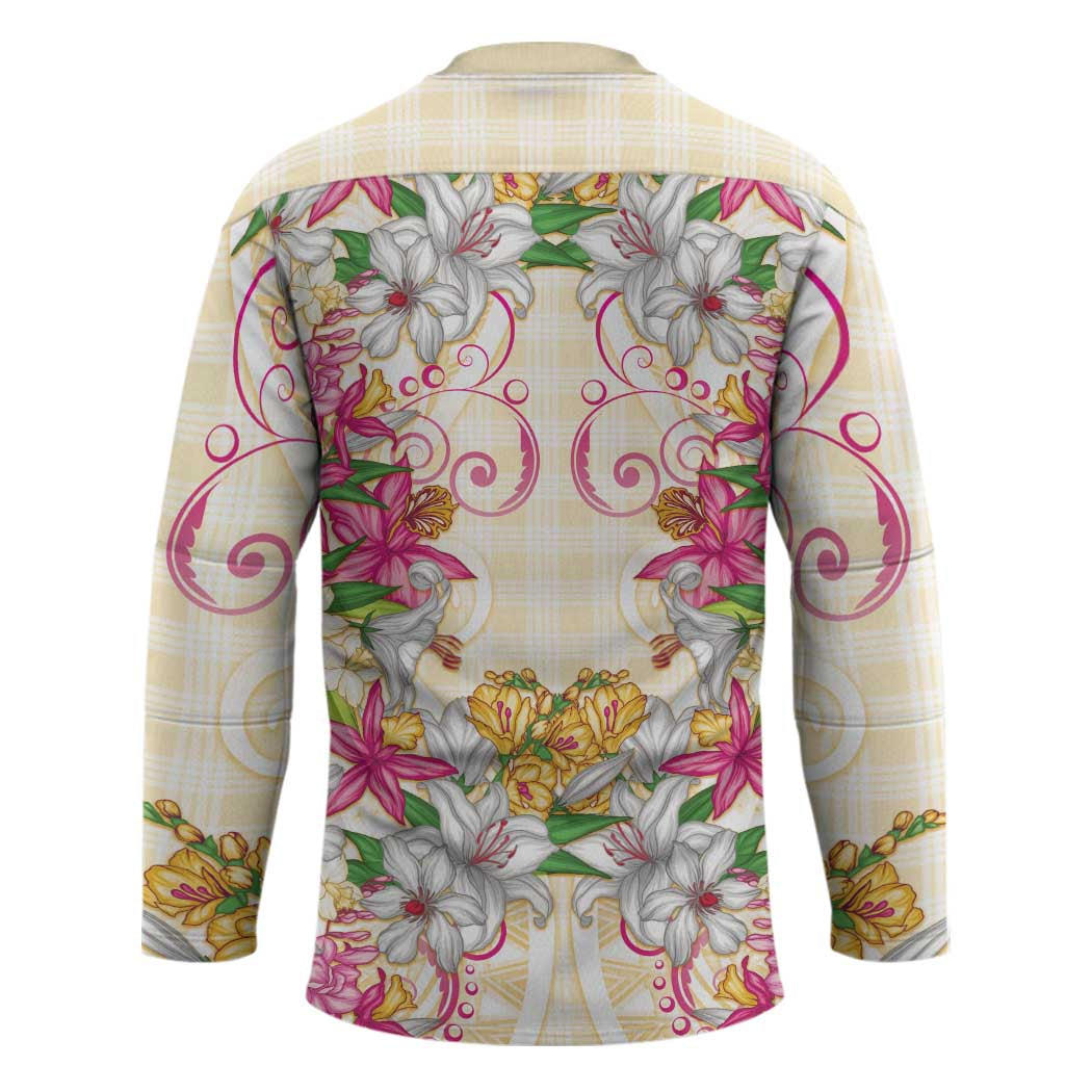 Hawaii Palaka Hockey Jersey Yellow Tribal Pattern With Tropical Flowers - Polynesian Pride
