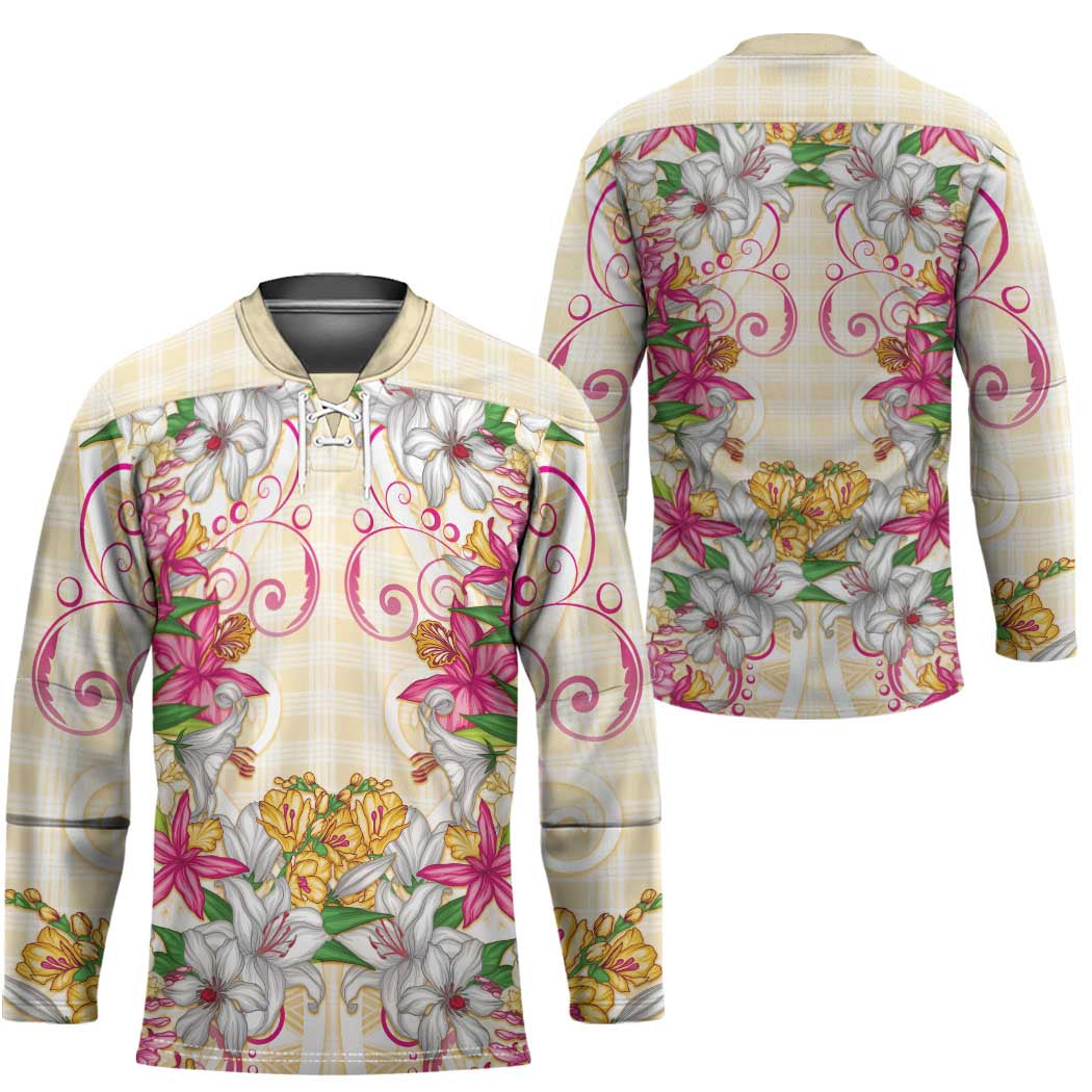Hawaii Palaka Hockey Jersey Yellow Tribal Pattern With Tropical Flowers - Polynesian Pride