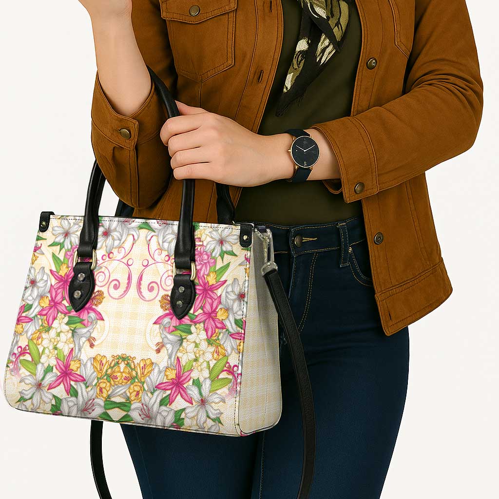 Hawaii Palaka Leather Bag Yellow Tribal Pattern With Tropical Flowers - Polynesian Pride