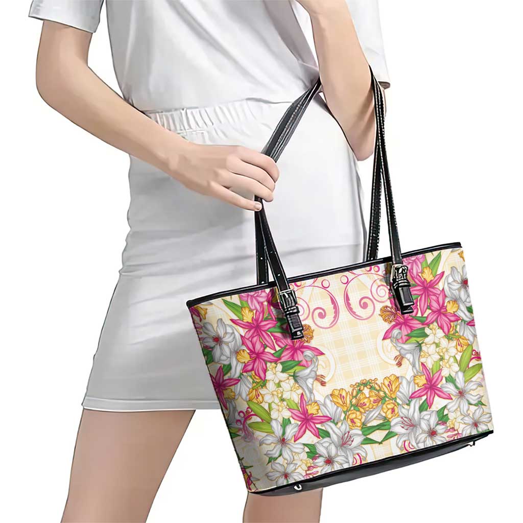 Hawaii Palaka Leather Tote Bag Yellow Tribal Pattern With Tropical Flowers - Polynesian Pride