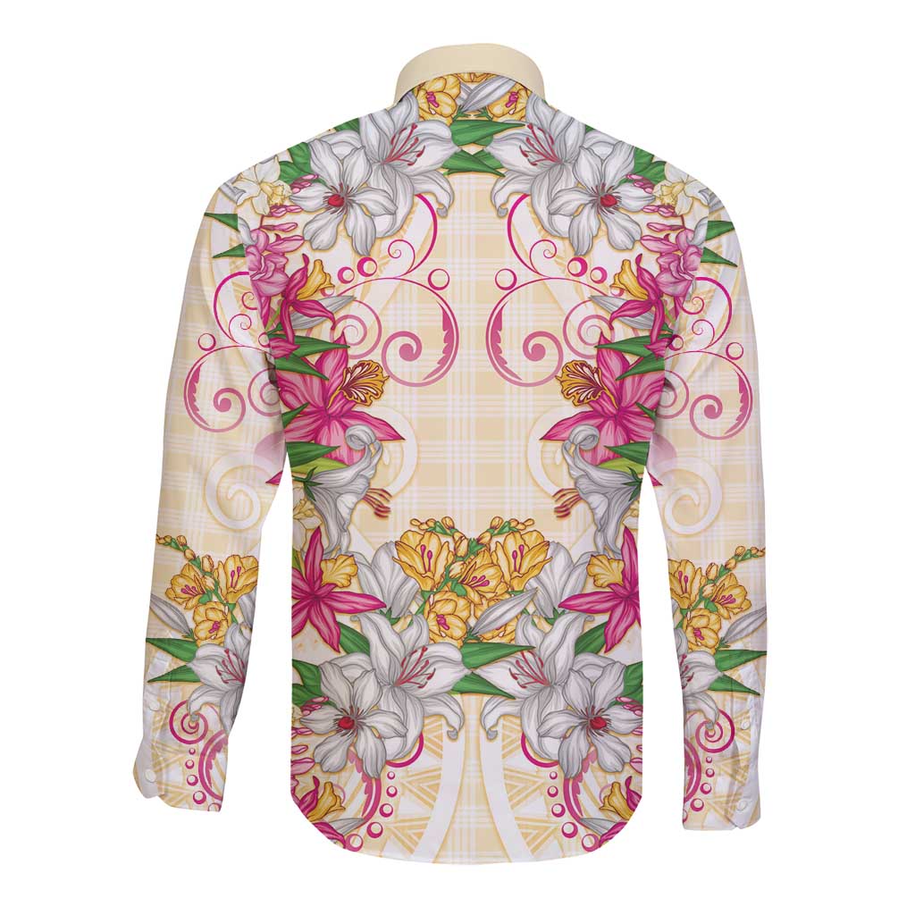 Hawaii Palaka Long Sleeve Button Shirt Yellow Tribal Pattern With Tropical Flowers - Polynesian Pride