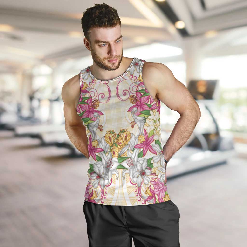 Hawaii Palaka Men Tank Top Yellow Tribal Pattern With Tropical Flowers LT05 Yellow - Polynesian Pride