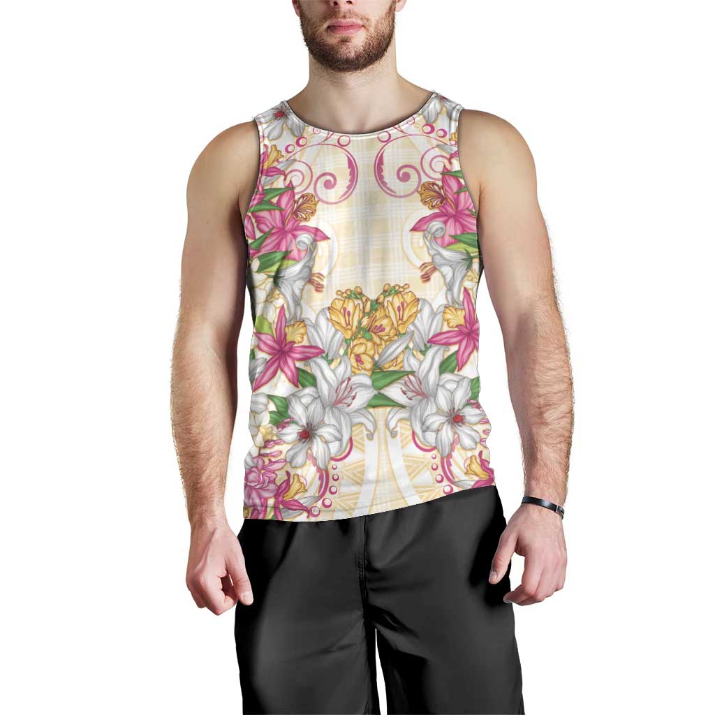 Hawaii Palaka Men Tank Top Yellow Tribal Pattern With Tropical Flowers LT05 - Polynesian Pride