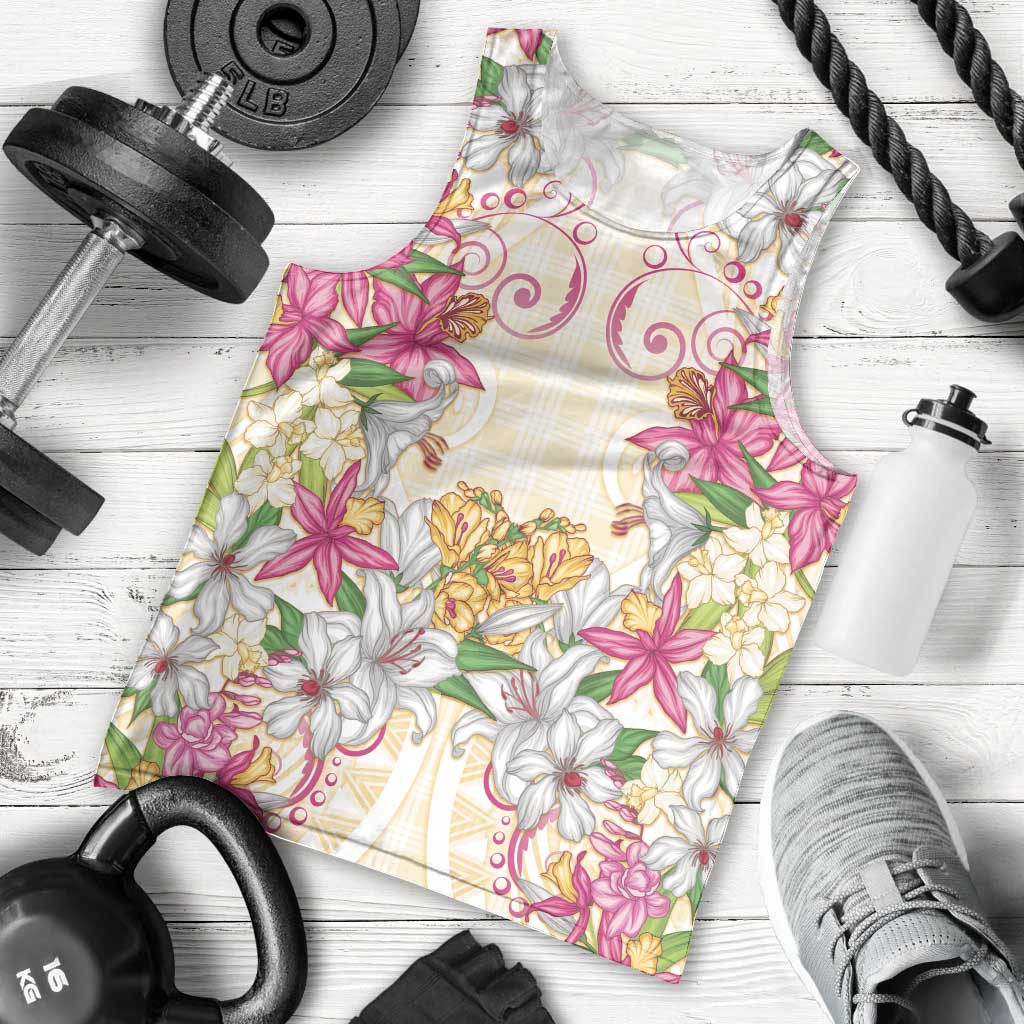 Hawaii Palaka Men Tank Top Yellow Tribal Pattern With Tropical Flowers LT05 - Polynesian Pride