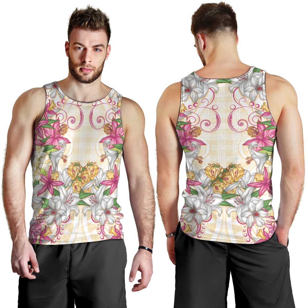Hawaii Palaka Men Tank Top Yellow Tribal Pattern With Tropical Flowers LT05 - Polynesian Pride