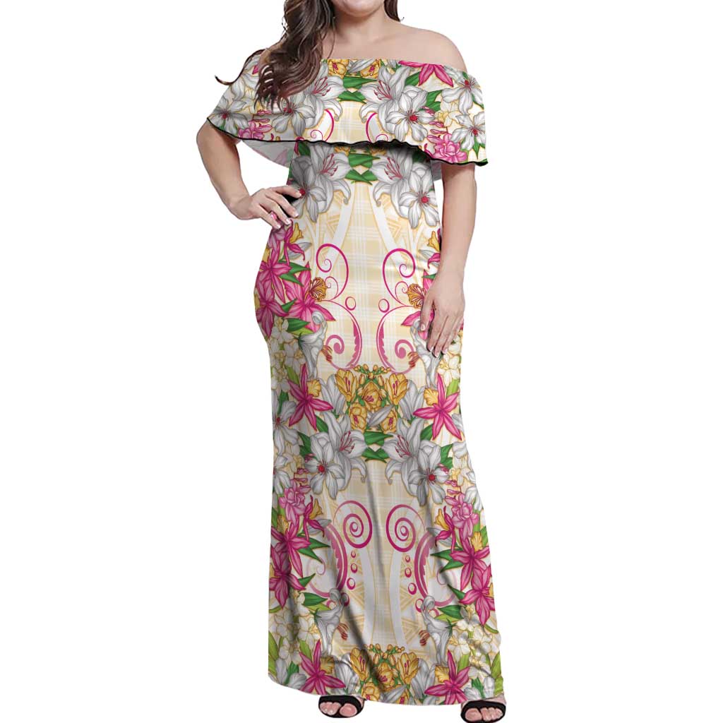 Hawaii Palaka Off Shoulder Maxi Dress Yellow Tribal Pattern With Tropical Flowers - Polynesian Pride
