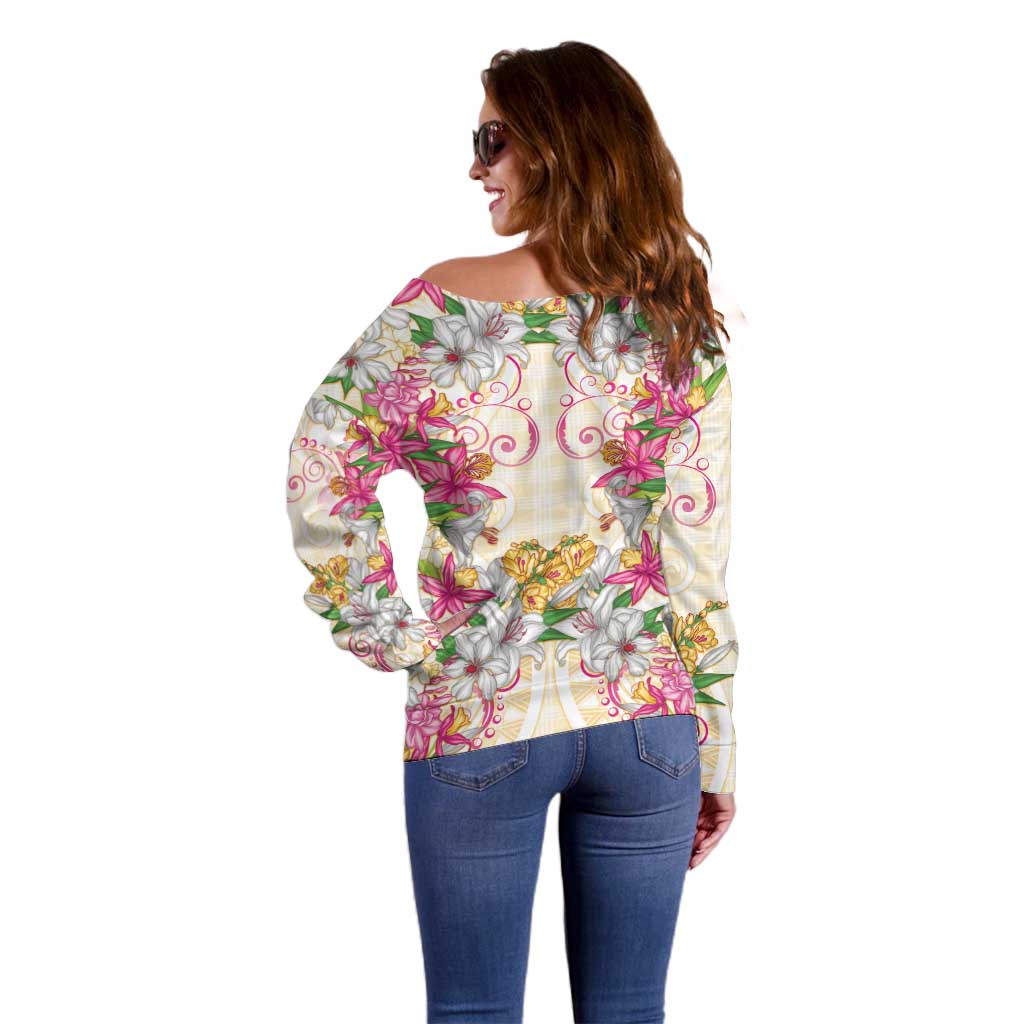 Hawaii Palaka Off Shoulder Sweater Yellow Tribal Pattern With Tropical Flowers - Polynesian Pride