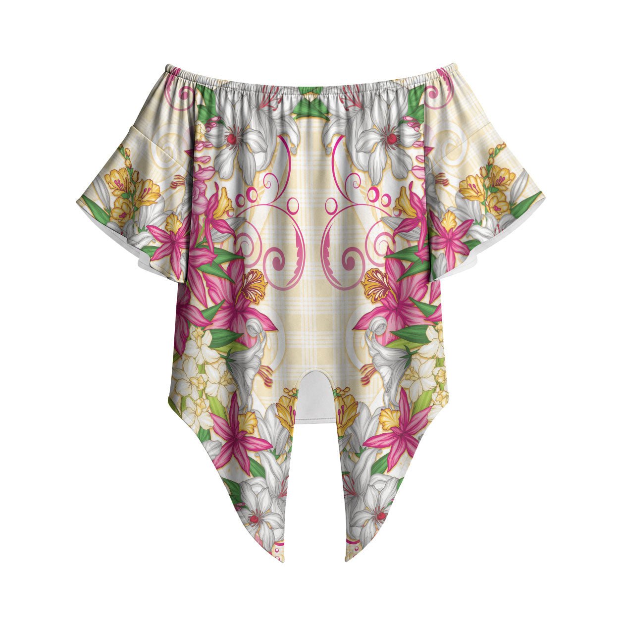 Hawaii Palaka Off Shoulder Wrap Waist Top Yellow Tribal Pattern With Tropical Flowers LT05 Yellow - Polynesian Pride