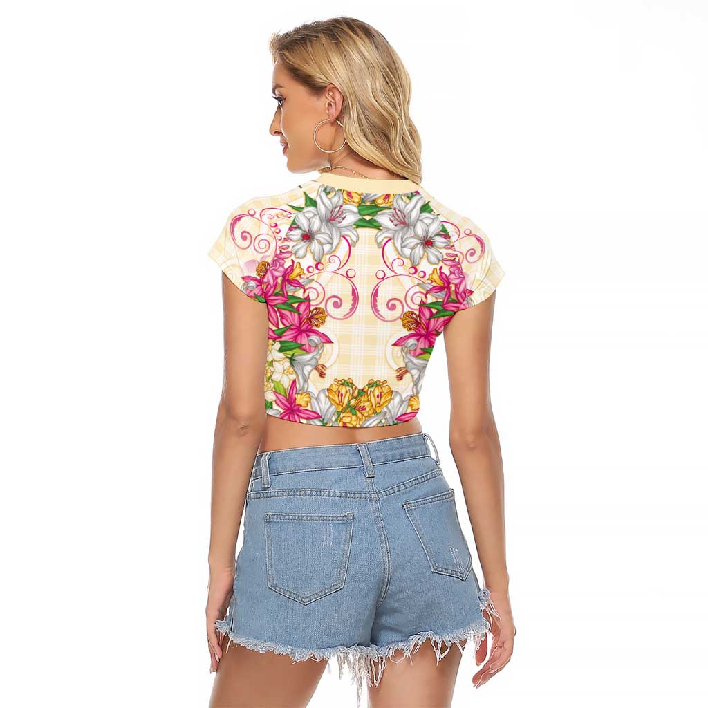 Hawaii Palaka Raglan Cropped T Shirt Yellow Tribal Pattern With Tropical Flowers - Polynesian Pride