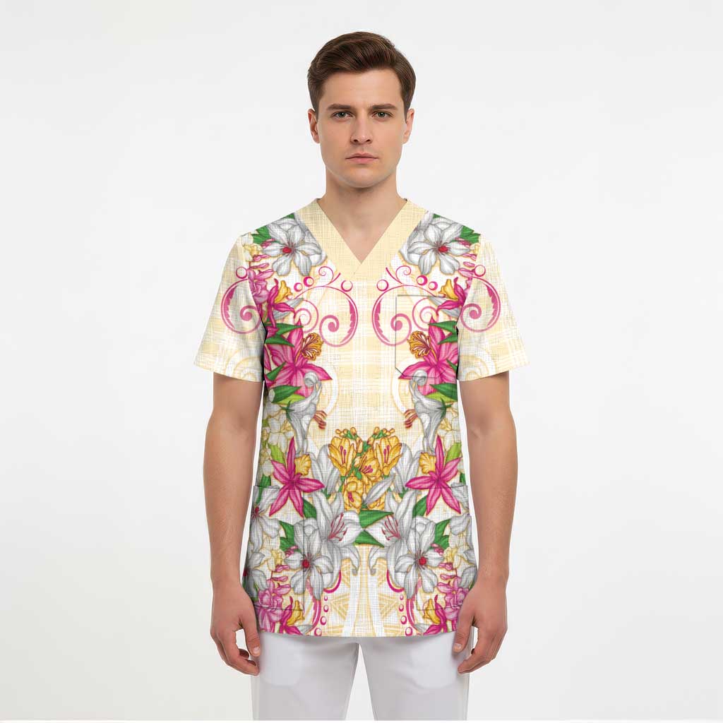Hawaii Palaka Scrub Top Yellow Tribal Pattern With Tropical Flowers - Polynesian Pride