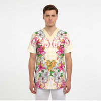 Hawaii Palaka Scrub Top Yellow Tribal Pattern With Tropical Flowers - Polynesian Pride