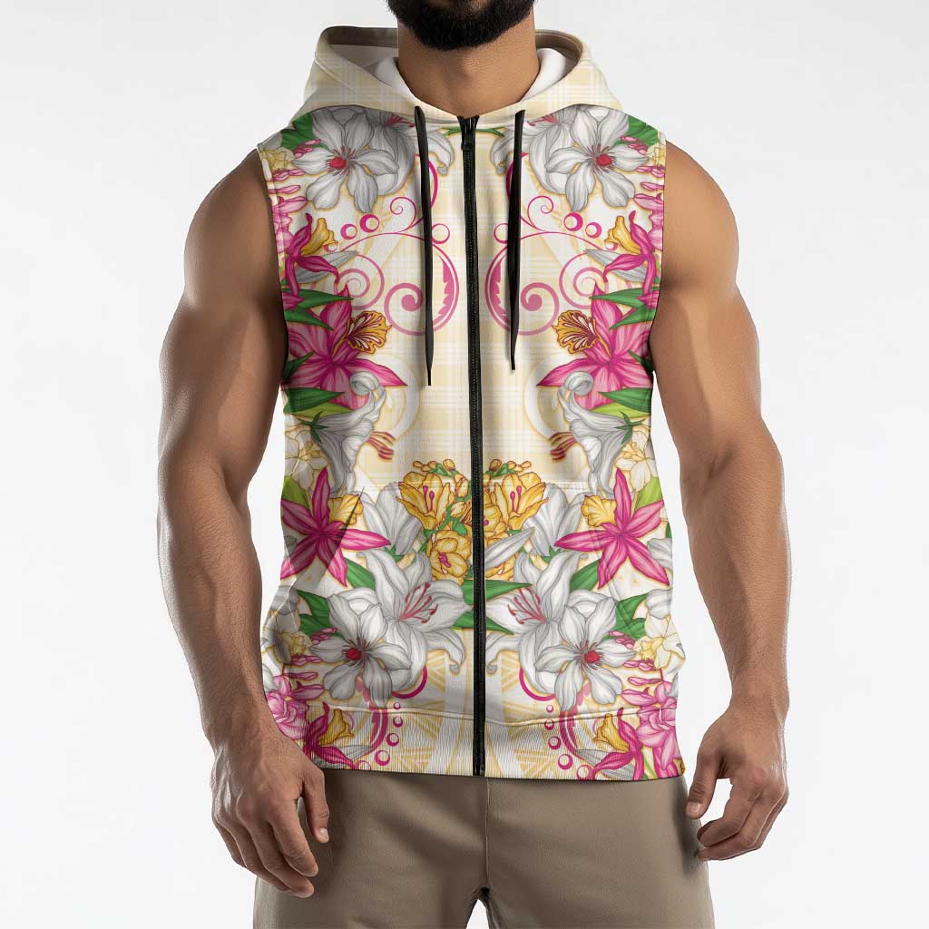 Hawaii Palaka Sleeveless Zip Hoodie Yellow Tribal Pattern With Tropical Flowers - Polynesian Pride