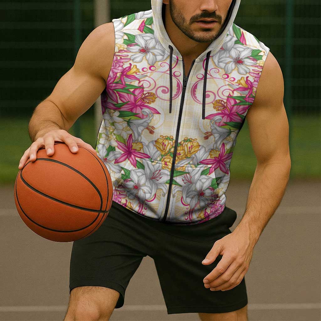 Hawaii Palaka Sleeveless Zip Hoodie Yellow Tribal Pattern With Tropical Flowers - Polynesian Pride