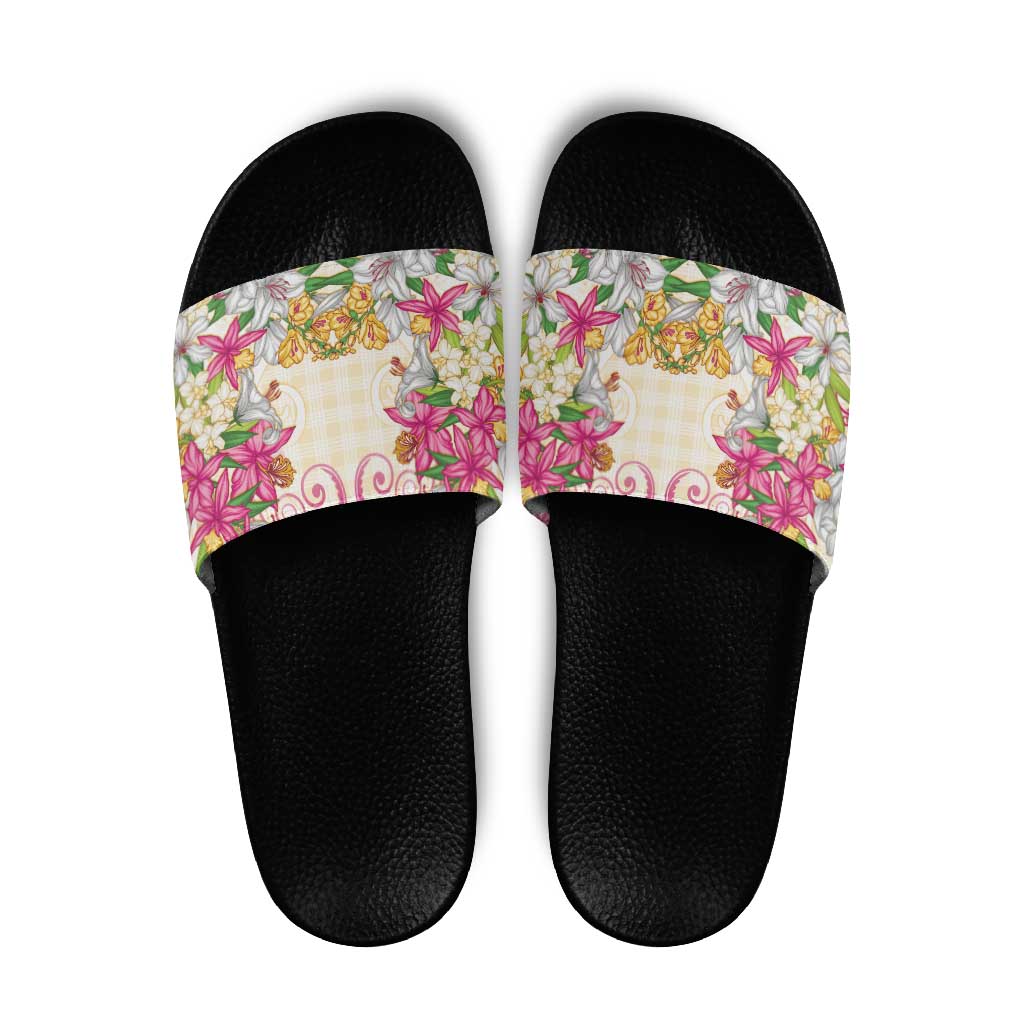 Hawaii Palaka Slide Sandals Yellow Tribal Pattern With Tropical Flowers - Polynesian Pride