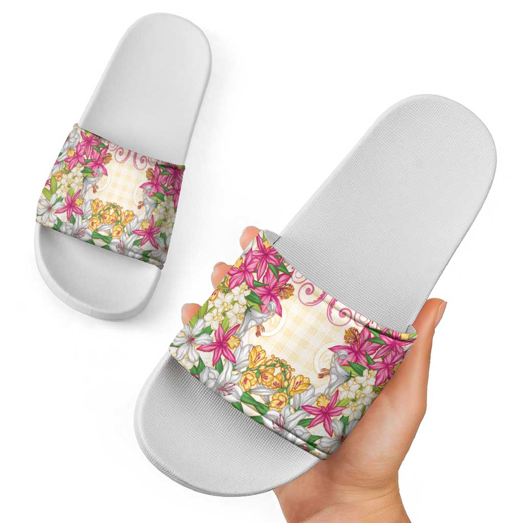 Hawaii Palaka Slide Sandals Yellow Tribal Pattern With Tropical Flowers - Polynesian Pride