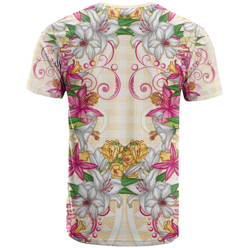 Hawaii Palaka T Shirt Yellow Tribal Pattern With Tropical Flowers - Polynesian Pride