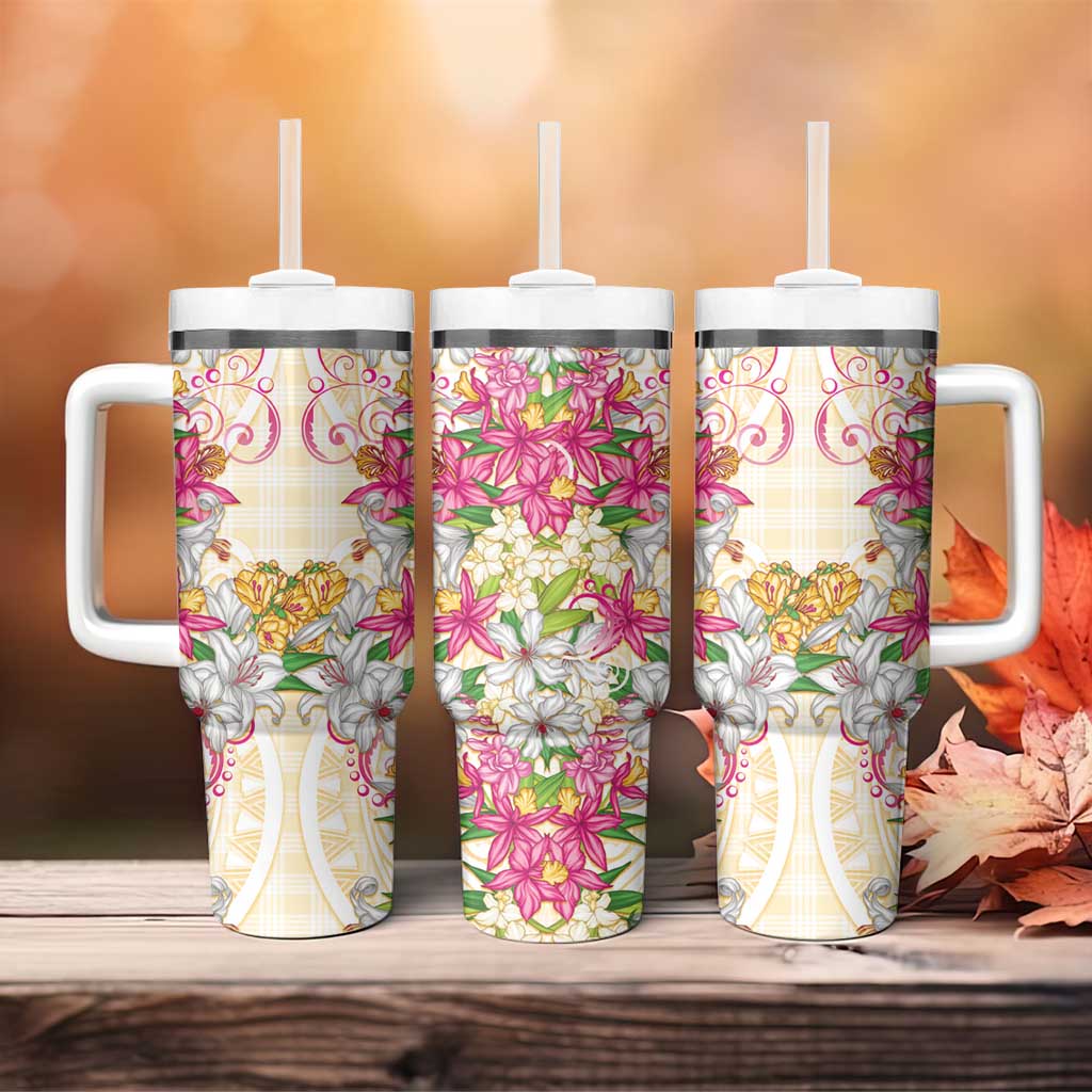 Hawaii Palaka Tumbler With Handle Yellow Tribal Pattern With Tropical Flowers - Polynesian Pride