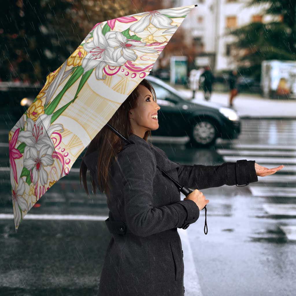 Hawaii Palaka Umbrella Yellow Tribal Pattern With Tropical Flowers - Polynesian Pride
