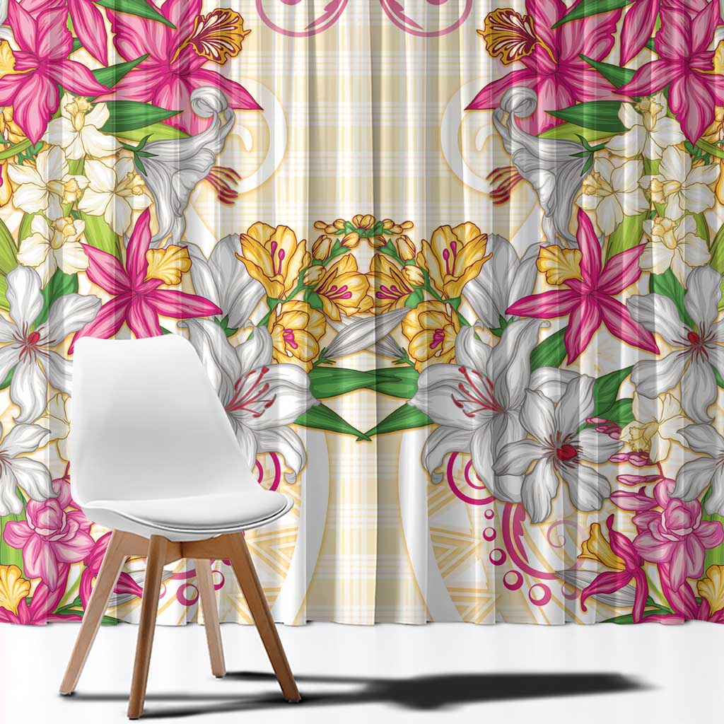 Hawaii Palaka Window Curtain Yellow Tribal Pattern With Tropical Flowers LT05 - Polynesian Pride