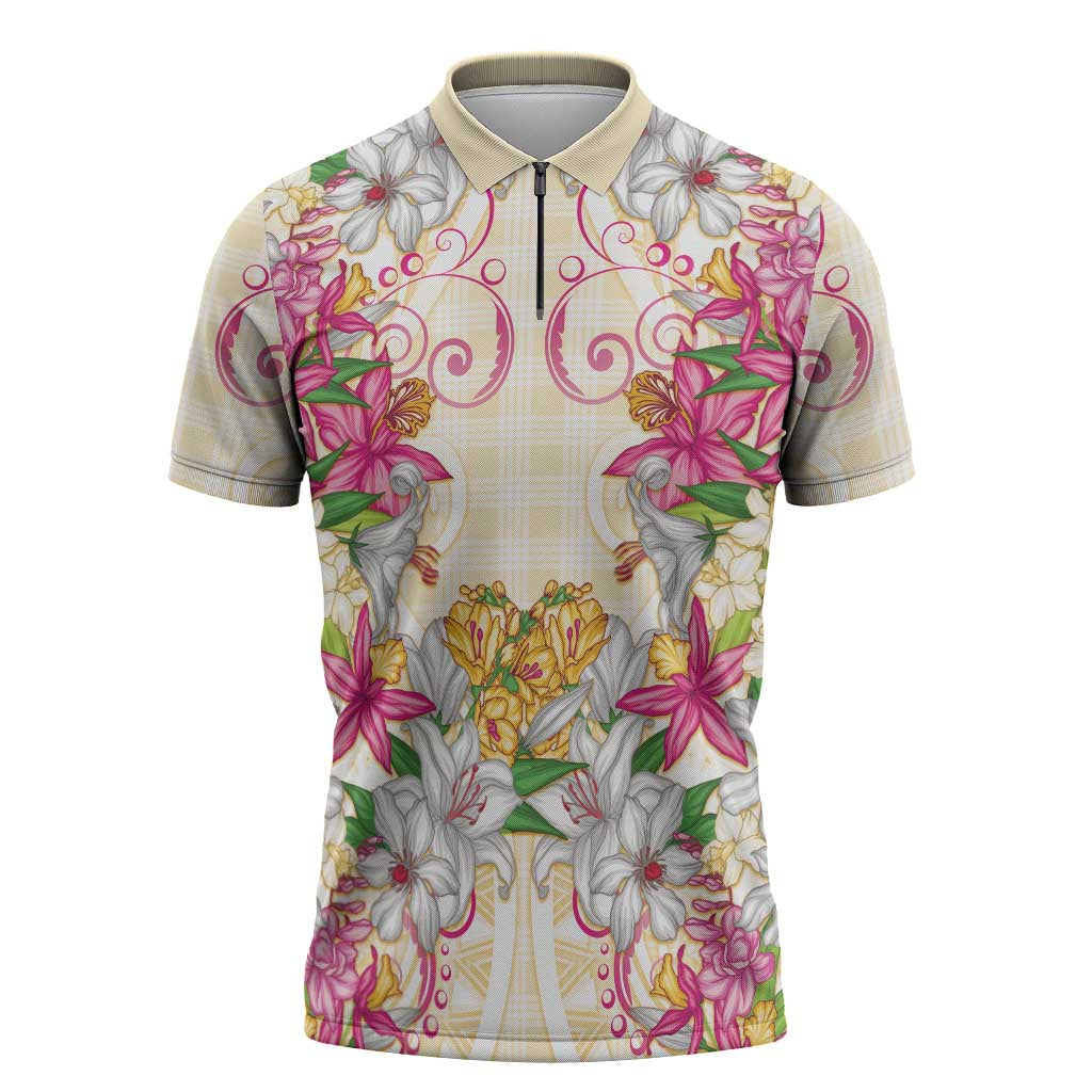 Hawaii Palaka Zipper Polo Shirt Yellow Tribal Pattern With Tropical Flowers - Polynesian Pride