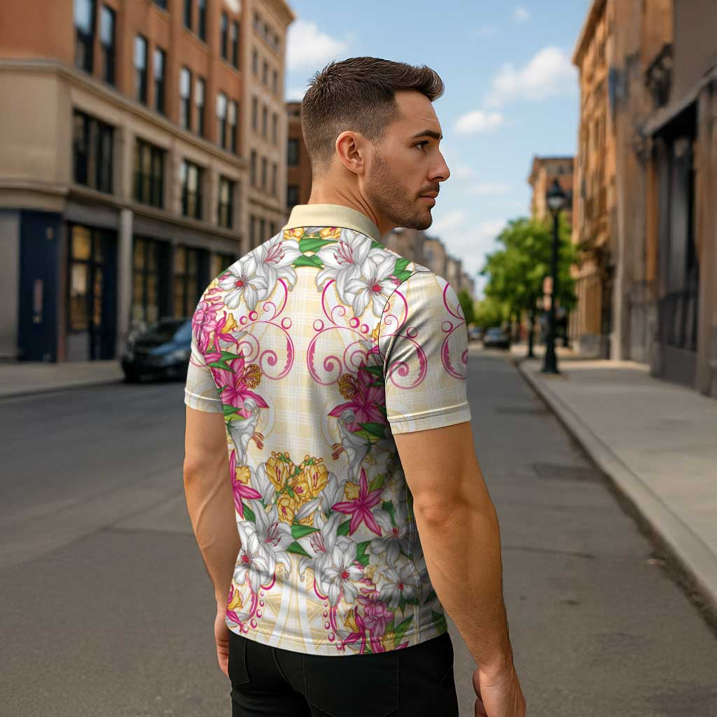 Hawaii Palaka Zipper Polo Shirt Yellow Tribal Pattern With Tropical Flowers - Polynesian Pride
