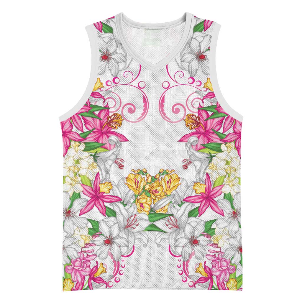 Hawaii Palaka Basketball Jersey White Tribal Pattern With Tropical Flowers LT05 Unisex White - Polynesian Pride
