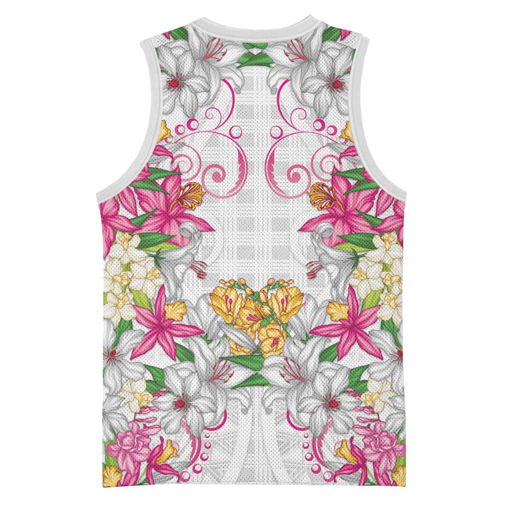 Hawaii Palaka Basketball Jersey White Tribal Pattern With Tropical Flowers LT05 - Polynesian Pride