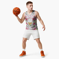Hawaii Palaka Basketball Jersey White Tribal Pattern With Tropical Flowers LT05 - Polynesian Pride