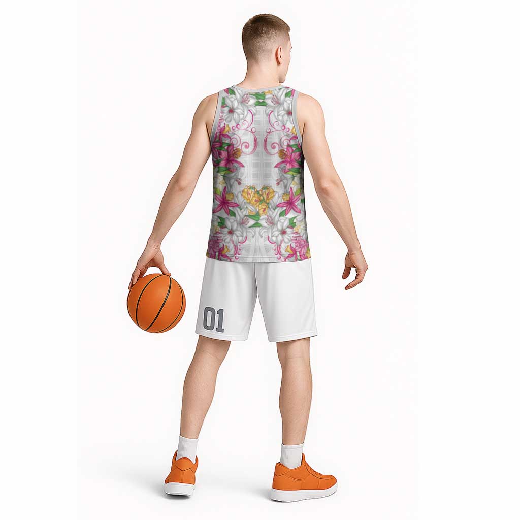 Hawaii Palaka Basketball Jersey White Tribal Pattern With Tropical Flowers LT05 - Polynesian Pride