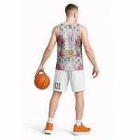 Hawaii Palaka Basketball Jersey White Tribal Pattern With Tropical Flowers LT05 - Polynesian Pride