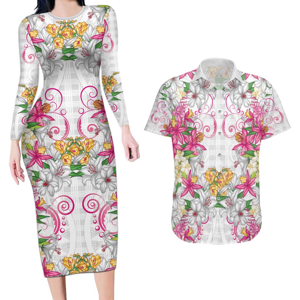 Hawaii Palaka Couples Matching Long Sleeve Bodycon Dress and Hawaiian Shirt White Tribal Pattern With Tropical Flowers LT05 White - Polynesian Pride