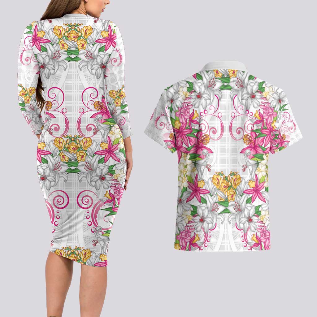 Hawaii Palaka Couples Matching Long Sleeve Bodycon Dress and Hawaiian Shirt White Tribal Pattern With Tropical Flowers LT05 - Polynesian Pride