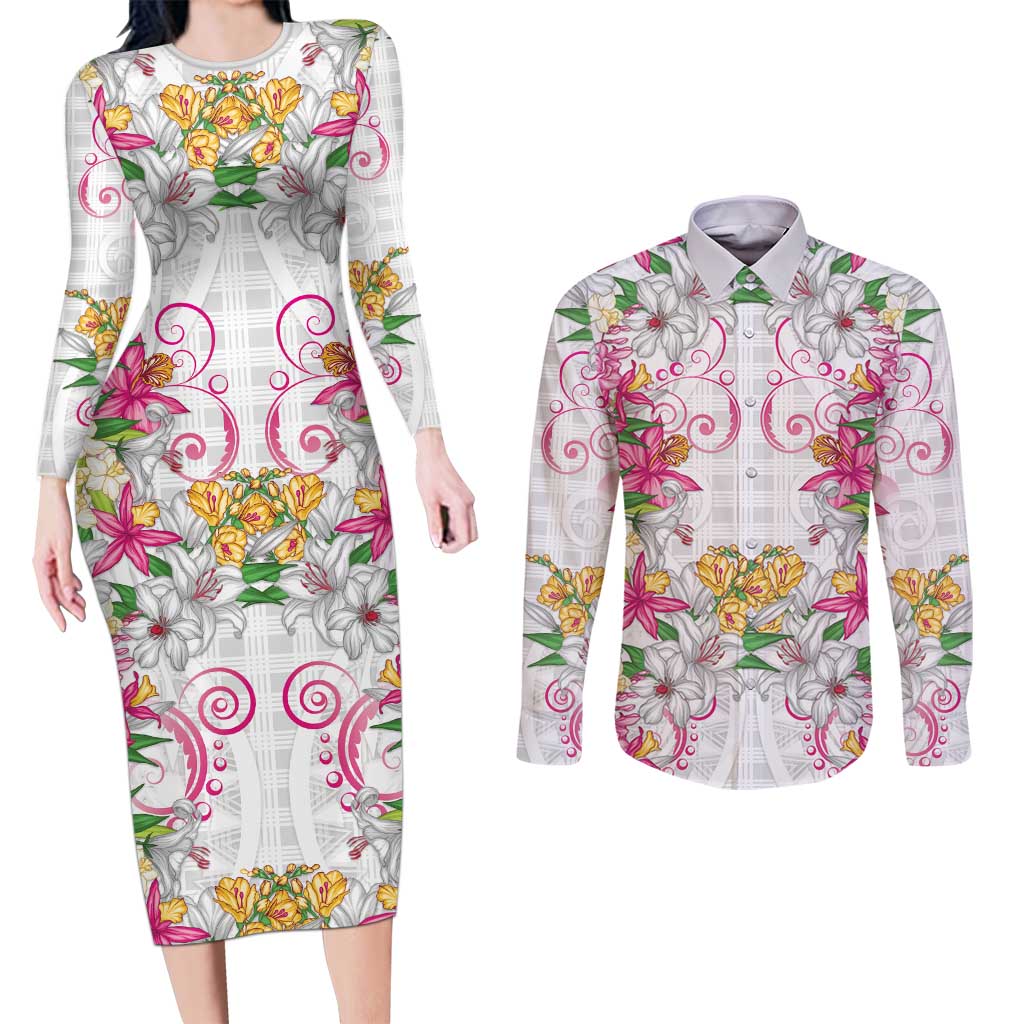 Hawaii Palaka Couples Matching Long Sleeve Bodycon Dress and Long Sleeve Button Shirt White Tribal Pattern With Tropical Flowers LT05 White - Polynesian Pride