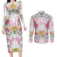 Hawaii Palaka Couples Matching Long Sleeve Bodycon Dress and Long Sleeve Button Shirt White Tribal Pattern With Tropical Flowers LT05 White - Polynesian Pride