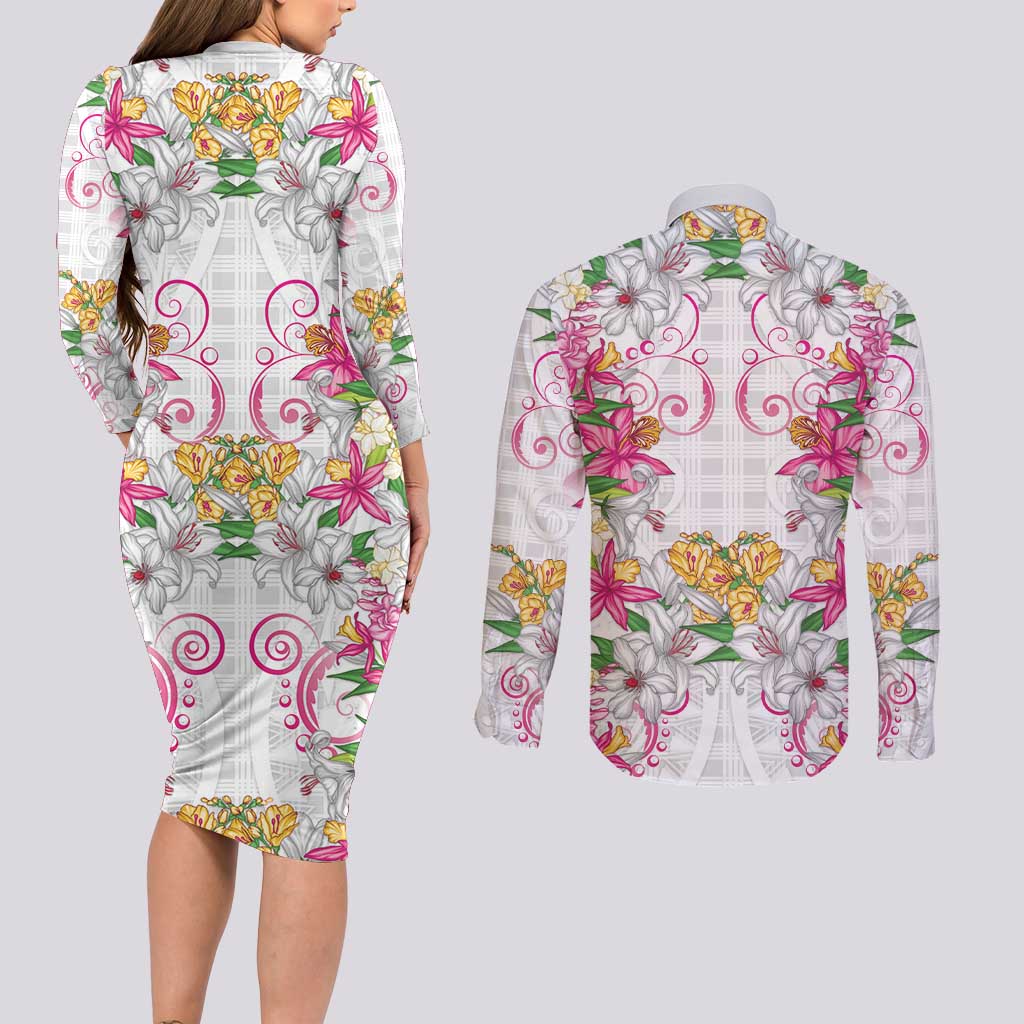 Hawaii Palaka Couples Matching Long Sleeve Bodycon Dress and Long Sleeve Button Shirt White Tribal Pattern With Tropical Flowers LT05 - Polynesian Pride