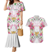 Hawaii Palaka Couples Matching Mermaid Dress and Hawaiian Shirt White Tribal Pattern With Tropical Flowers LT05 White - Polynesian Pride