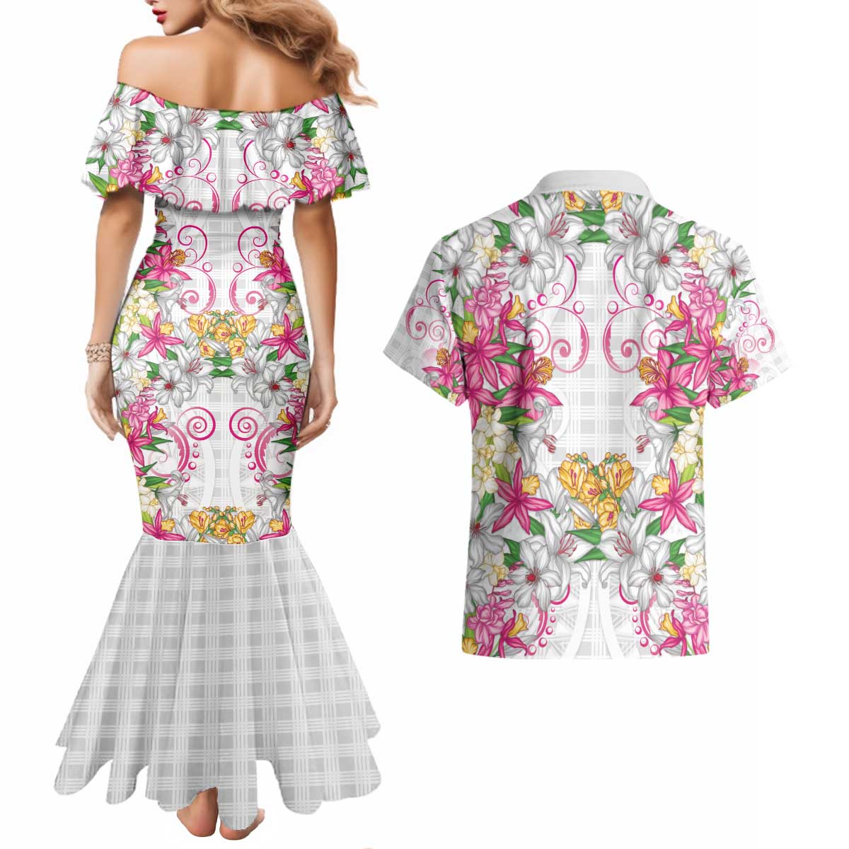 Hawaii Palaka Couples Matching Mermaid Dress and Hawaiian Shirt White Tribal Pattern With Tropical Flowers LT05 - Polynesian Pride