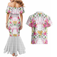 Hawaii Palaka Couples Matching Mermaid Dress and Hawaiian Shirt White Tribal Pattern With Tropical Flowers LT05 - Polynesian Pride