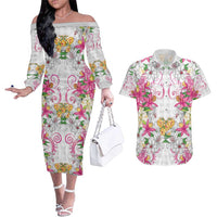 Hawaii Palaka Couples Matching Off The Shoulder Long Sleeve Dress and Hawaiian Shirt White Tribal Pattern With Tropical Flowers LT05 White - Polynesian Pride
