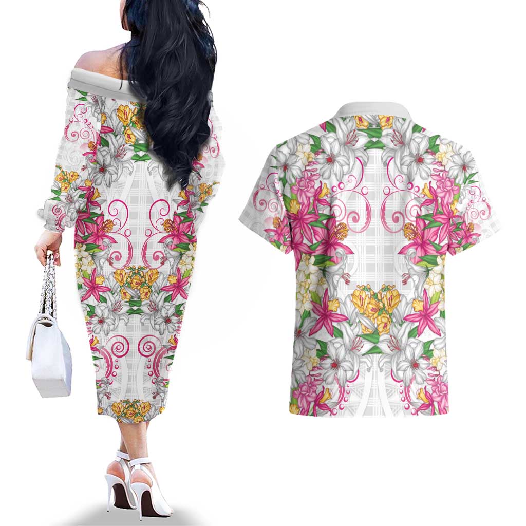 Hawaii Palaka Couples Matching Off The Shoulder Long Sleeve Dress and Hawaiian Shirt White Tribal Pattern With Tropical Flowers LT05 - Polynesian Pride