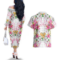 Hawaii Palaka Couples Matching Off The Shoulder Long Sleeve Dress and Hawaiian Shirt White Tribal Pattern With Tropical Flowers LT05 - Polynesian Pride