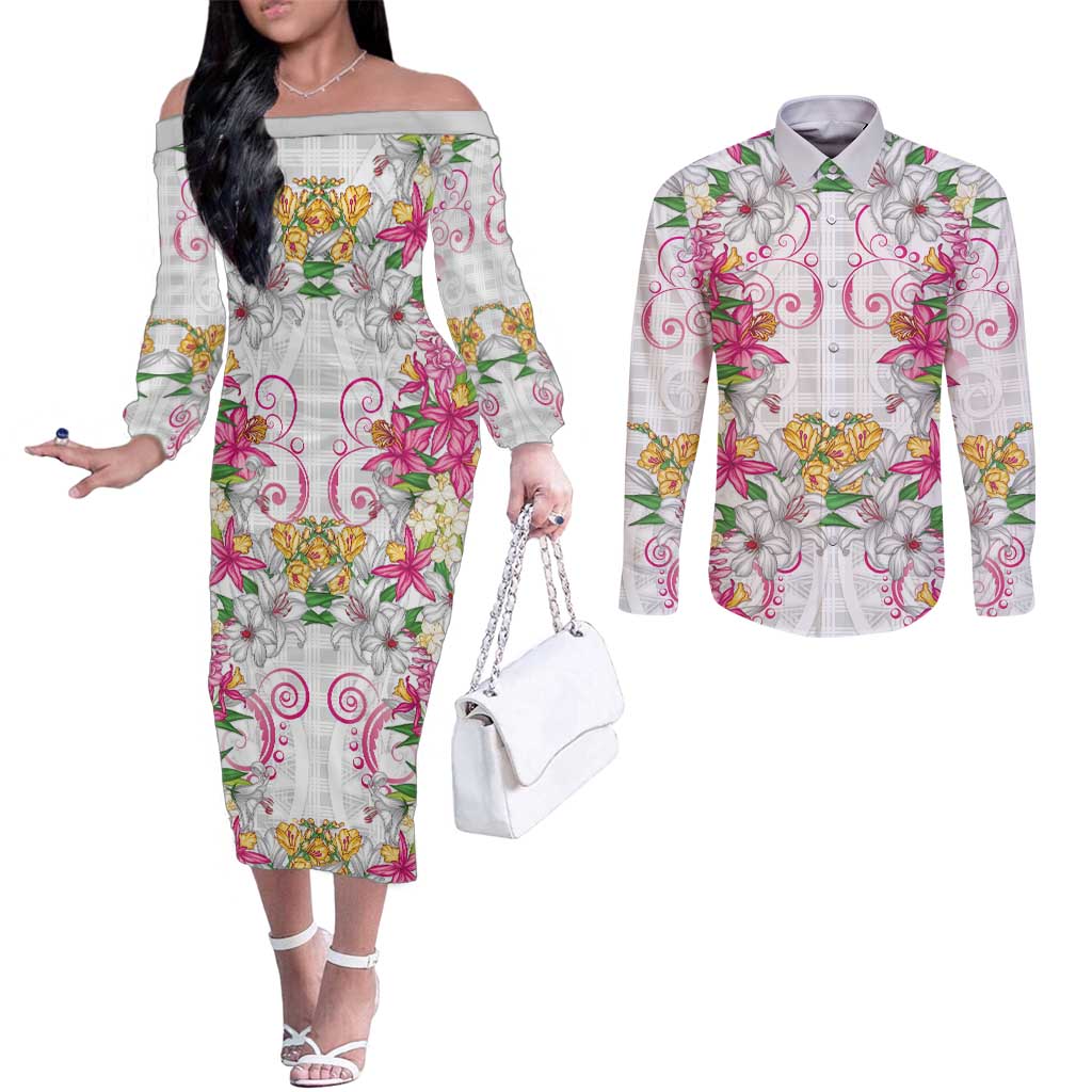 Hawaii Palaka Couples Matching Off The Shoulder Long Sleeve Dress and Long Sleeve Button Shirt White Tribal Pattern With Tropical Flowers LT05 White - Polynesian Pride