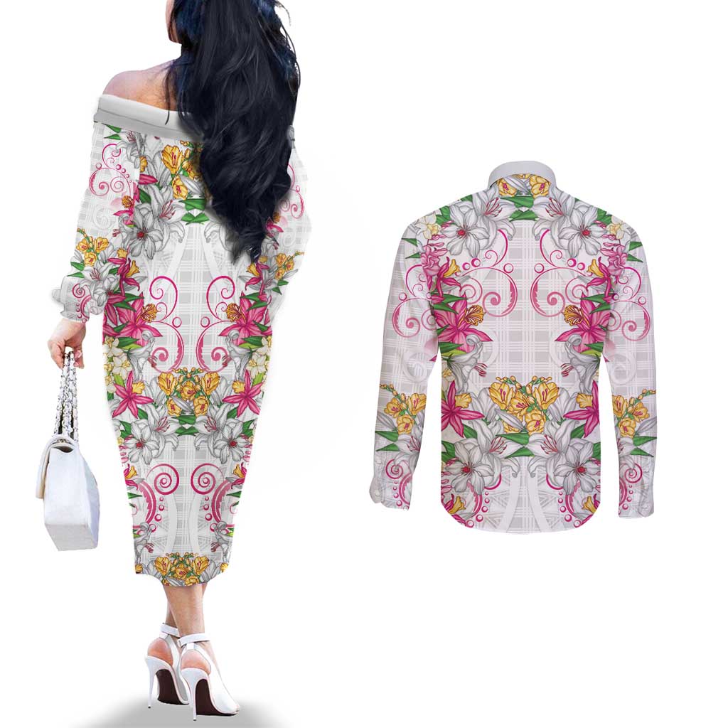 Hawaii Palaka Couples Matching Off The Shoulder Long Sleeve Dress and Long Sleeve Button Shirt White Tribal Pattern With Tropical Flowers LT05 - Polynesian Pride