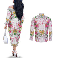 Hawaii Palaka Couples Matching Off The Shoulder Long Sleeve Dress and Long Sleeve Button Shirt White Tribal Pattern With Tropical Flowers LT05 - Polynesian Pride