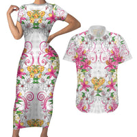 Hawaii Palaka Couples Matching Short Sleeve Bodycon Dress and Hawaiian Shirt White Tribal Pattern With Tropical Flowers LT05 White - Polynesian Pride