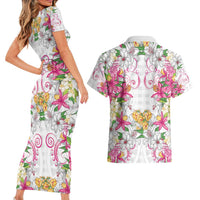 Hawaii Palaka Couples Matching Short Sleeve Bodycon Dress and Hawaiian Shirt White Tribal Pattern With Tropical Flowers LT05 - Polynesian Pride