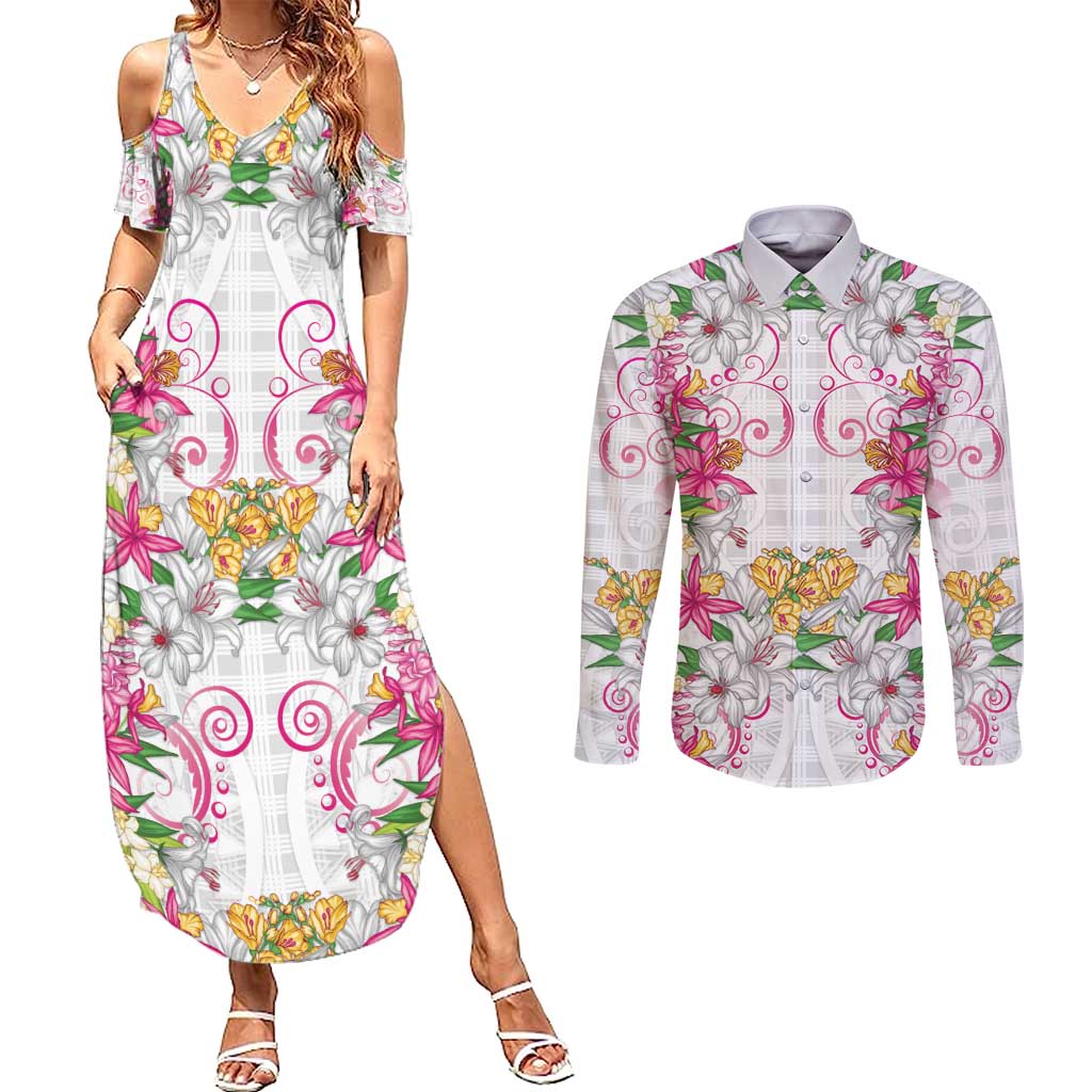Hawaii Palaka Couples Matching Summer Maxi Dress and Long Sleeve Button Shirt White Tribal Pattern With Tropical Flowers LT05 White - Polynesian Pride