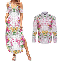 Hawaii Palaka Couples Matching Summer Maxi Dress and Long Sleeve Button Shirt White Tribal Pattern With Tropical Flowers LT05 White - Polynesian Pride