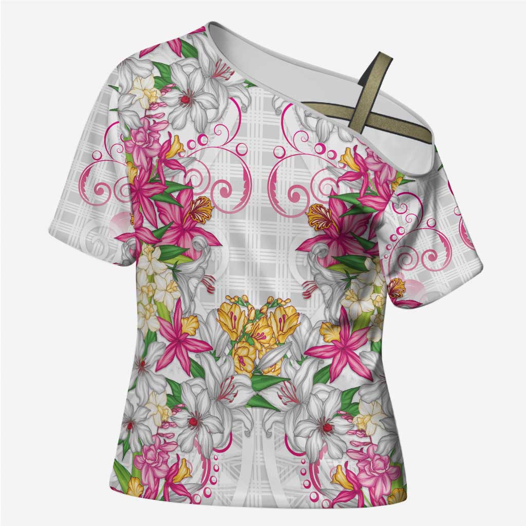 Hawaii Palaka Cross Shoulder Shirt White Tribal Pattern With Tropical Flowers LT05 Female White - Polynesian Pride
